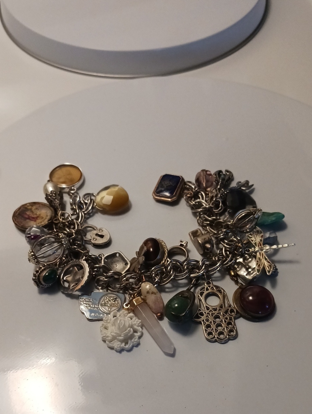Multi-Gem Charm Bracelet - Gold Tone with Green, Brown, Purple Accents